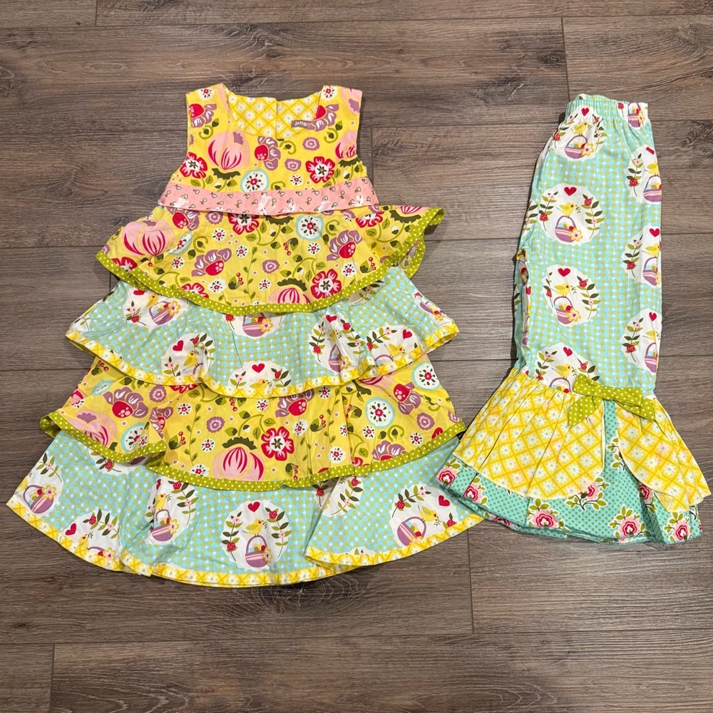 Jelly the Pug Yellow Floral Tiered Dress & Flared Bottoms w/ Pink & Red Accents